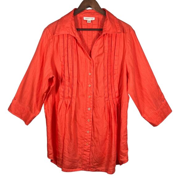 Coldwater Creek 100% Linen Collared Button-Front Pleated Top Size 2X Orange - Picture 1 of 15